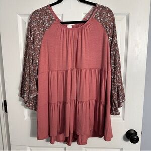 Honeyme size L tiered swing shirt, pink/floral, fall, transitional, casual